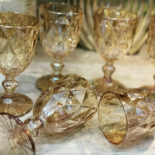 Set X 6 Copas Vintage Vidrio Rombos Para Agua Vino Bebidas Color Ambar/dorado