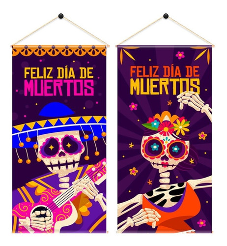 Decoraciones Dia De Muertos Colorida 3 Colgantes 60x30cm