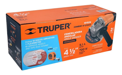 Imagen 2 de 2 de Esmeriladora 4-1/2'' 700w 11 Discos Flexómetro Truper 101526 Color Naranja