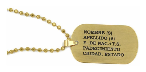 Imagen 3 de 5 de Placa Militar Dorada Personalizada Laser Con Cadena