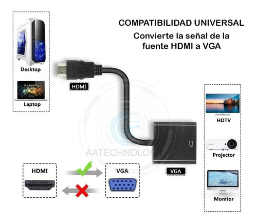 Imagen 3 de 7 de Adaptador Convertidor Cable Hdmi A Vga 1080p + Audio