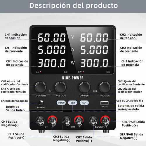 Nice-Power SPS605-2KD 4 En 1 Doble Canal Fuente De Alimentación Regulable 60v 5a One-touch series-parallel connection