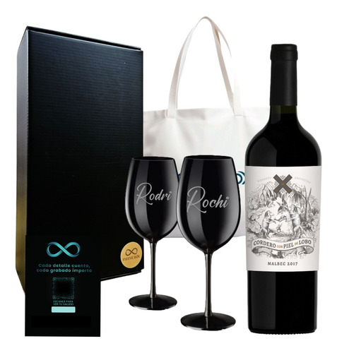 Box Regalo Vino Cordero Con Piel De Lobo + 2 Copas Negras