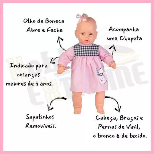 Boneca Bebezinho Reborn Vestido Rosa Claro Estrela