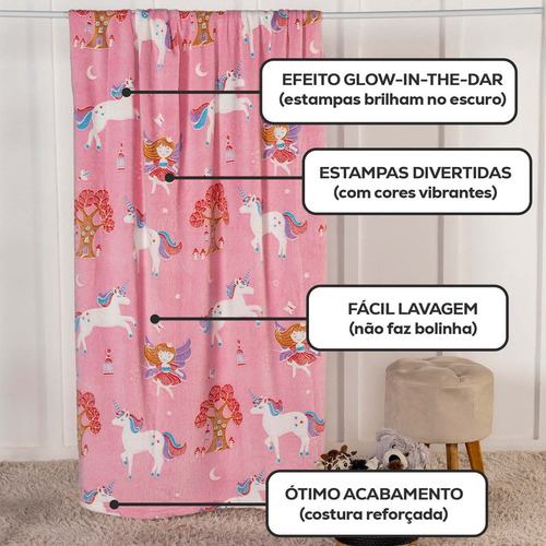 Coberta Manta Casal Brilha No Escuro Infantil Microfibra Cor Unicornio