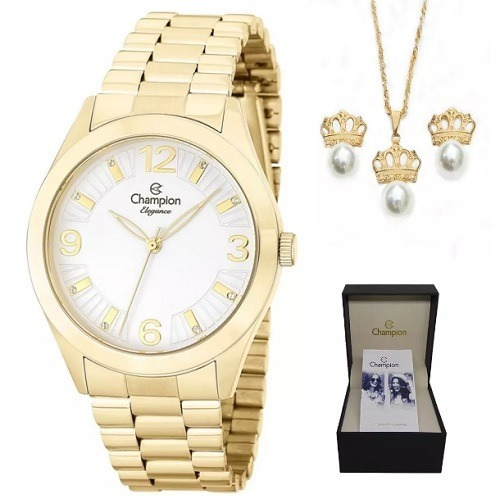 Kit Relógio Champion Feminino Dourado + Bijuteria - Cn25216w Cor do fundo Branco