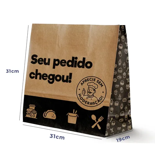 Saco Papel Kraft Delivery 31x19x31cm 100und Impresso Seu Pedido Chegou Embalagem Sos Entregas Lanches Presentes Acesso