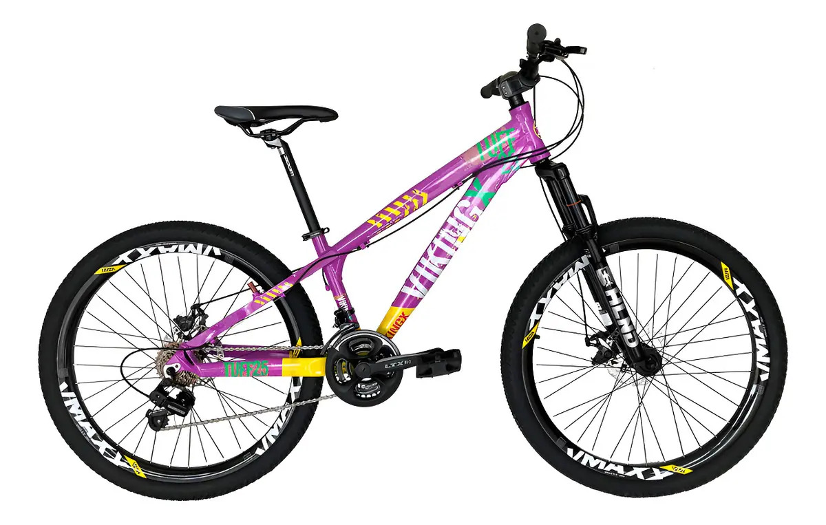 Bicicleta Aro 26 Vikingx Tuff25 21 Velocidades Freio A Disco Cor Lilás/amarelo Tamanho Do Quadro 13