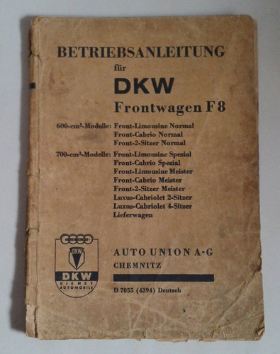 Antiguo Manual 100% Original De Usuario: Dkw Front F8 1939