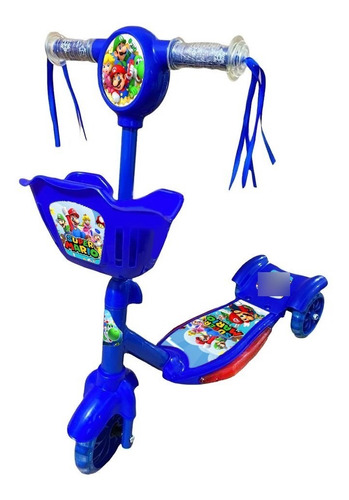 Patinete Musical Super Mário 3 Rodas Infantil Cesta Luz