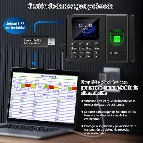 Reloj Checador Huella Biométrico Digital Kuiiyer Soporte Para 12 Idiomas Y Voz Aisoporte Para El Reconocimiento De Huellas Dactilares Reconocimiento De Pin Soporte Para Exportar Datos Por Usb