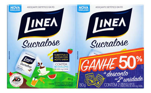 Pack Adoçante em Pó Sucralose Linea Caixa 80g 2 Unidades Grátis 50% de Desconto na 2ª Unidade