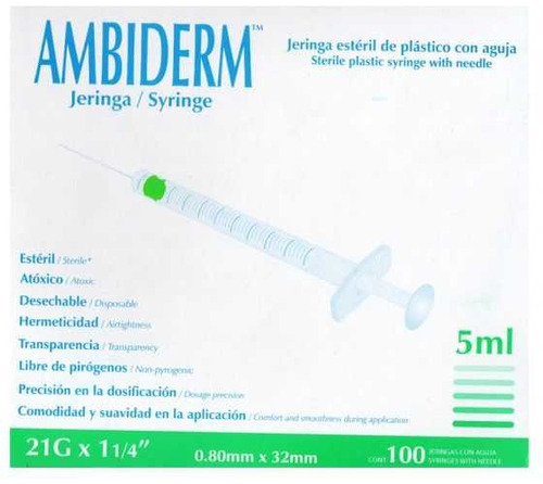 Jeringa Desechable Ambiderm 5ml C/aguja 21gx32mm Verde 100u