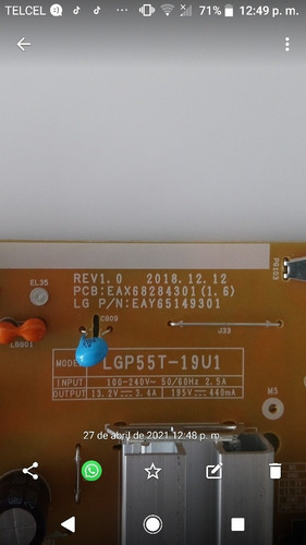 Imagen 2 de 4 de Fuente LG 55un7300 Num Eax68284301(1.6)