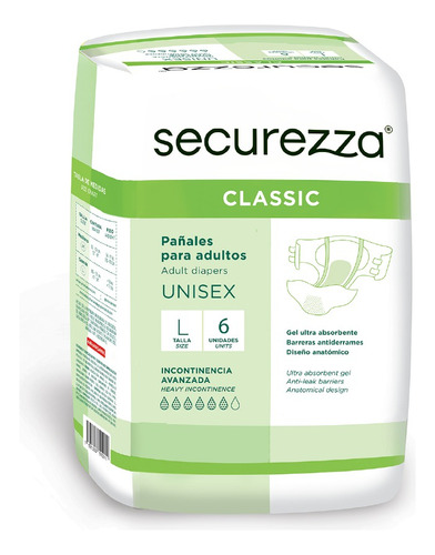  Pañales  Adultos Securezza Classic Talla L Bulto 6 Paquetes