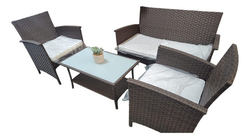 Set Living Rattan De 4 Piezas Con Almohadones Marrón