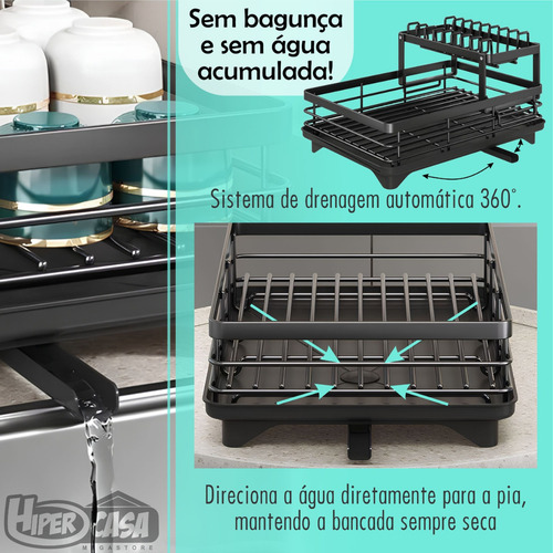 Escorredor De Louça Premium Inoxidável 2 Níveis Com 360° Automática Drenagem 2 Andares Para Pratos Copos Pina De Cozinha Balcão Hiper Casa Megastore Preto