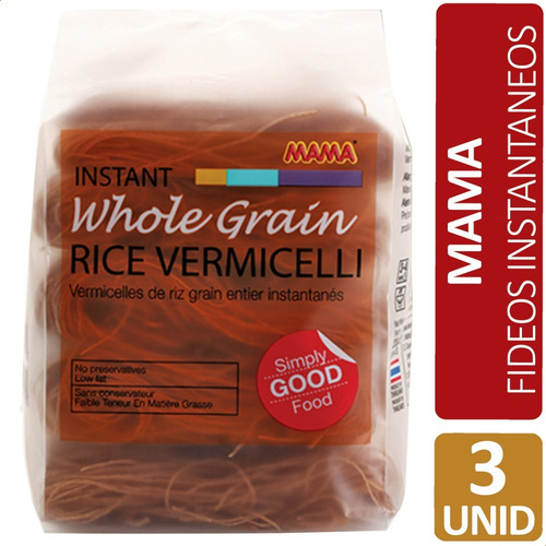 Imagen 1 de 7 de Fideos De Arroz Integral Mama Whole Grain Rice Vermicelli X3