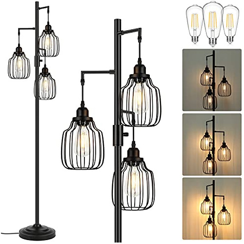 Dimmable Industrial Floor Lamp With 3 Led Edsion Bulbs,...