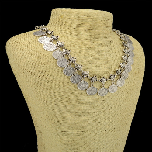 Mujeres Plata Exagerada Retro Tallada Moneda Borla Collar