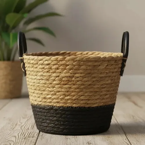 Cesto Rústico Fibra Natural Decoração Mantas Toalhas Plantas Cesto 24x24x18cm - Palha E Preto