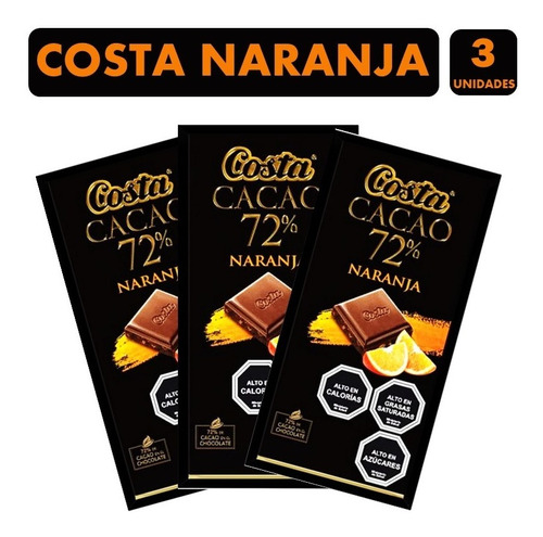 Chocolate Cacao 72% Naranja, De Costa - Pack De 3 Unidades. 