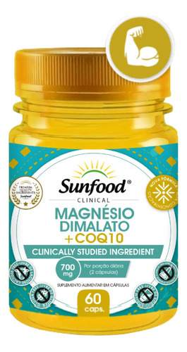 Magnesio Dimalato Coq-10 700mg 60 Caps Sunfood Coenzima Sabor Dimalato+CoenzimaQ10
