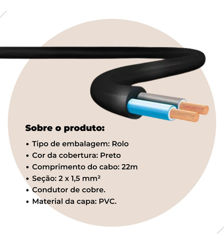 Cabo Pp 2 X 1,5 Mm 500v Cobrecom Antichama Preto 22 Metros