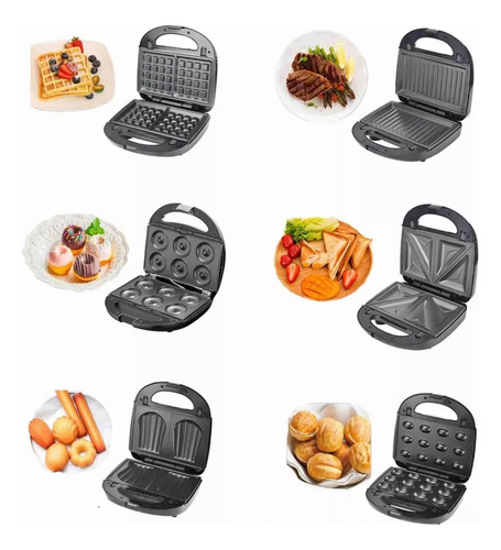 Maquina Sandwichera Waflera Donera Premium 6 En 1 Negro Y Plateado