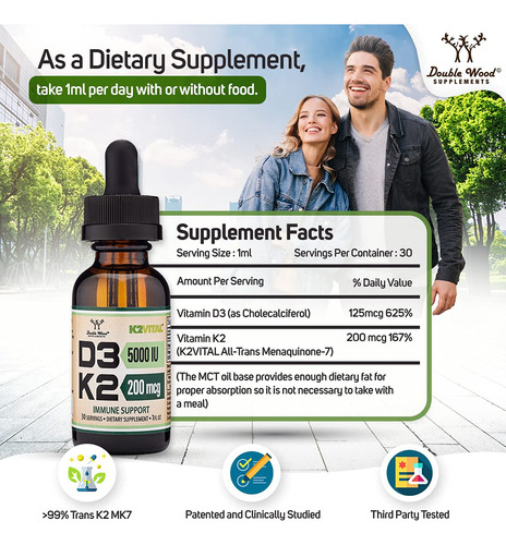 Suplemento Duplo De Madeira Vitamina D3 K2, 5.000 Ui, Gotas