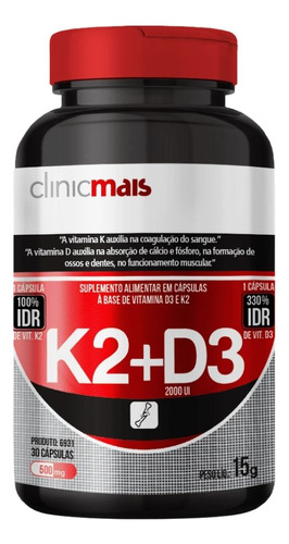Vitamina K2 120mcg + Vitamina D3 50mcg 30 Cáps Clinicmais Sabor Sem Sabor