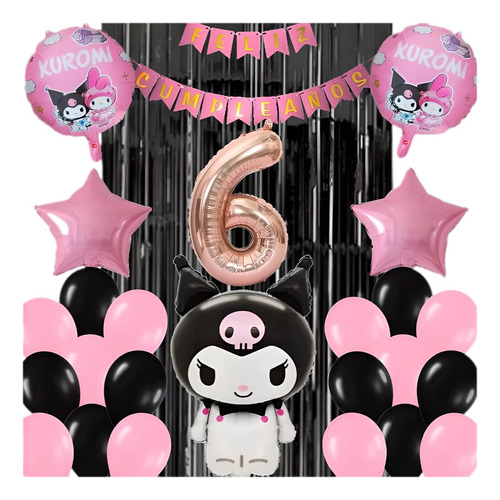 Kit Decoración Completo Globos Kuromi+numero A Eleccion 80cm