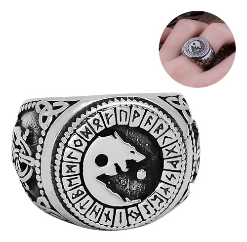 Anillo Color Plata Vikingo Lobo Runa Acero Inoxidable Hombre