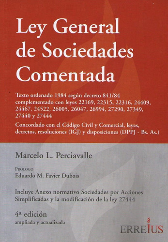 Ley General De Sociedades Comentada 4°ed Perciavalle L.