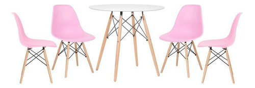Kit Mesa Jantar Eames Wood 80 Cm 4 Cadeira Eiffel  Cores Cor da tampa Mesa branco com cadeiras rosa