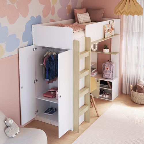 Cama Infantil Alta Multifuncional Office Com Colchão Cor Branco