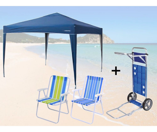 Kit Tenda Dobrável 3x3m + Carrinho De Praia + 2 Cadeiras