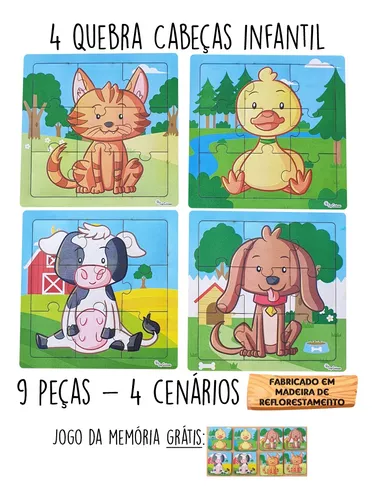 Brinquedos Educativos Kit 4 Quebra-Cabeças de Animais Madeira