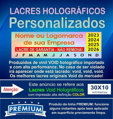 Lacre Void Holográfico Premium 30x10mm Personalizad 500u Cor