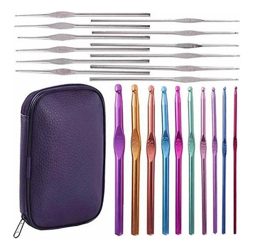 Agujas Crochet  Tejido Set  22 Piezas Acero Inoxidable Durable Estuche De Cuerina Todas Las Medidas