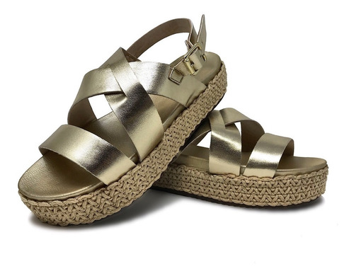 Sandalia Para Dama Plataforma En Yute Color Oro Mate