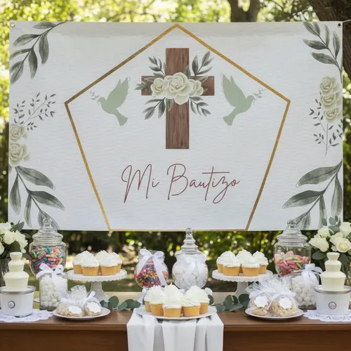 Lona Mi Bautizo Decoracion Fiesta Ángel Niño Mesa Dulces | Meses sin