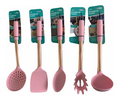 Kit De Colheres Concha Inox Silicone Utensílios Cozinha Rosa