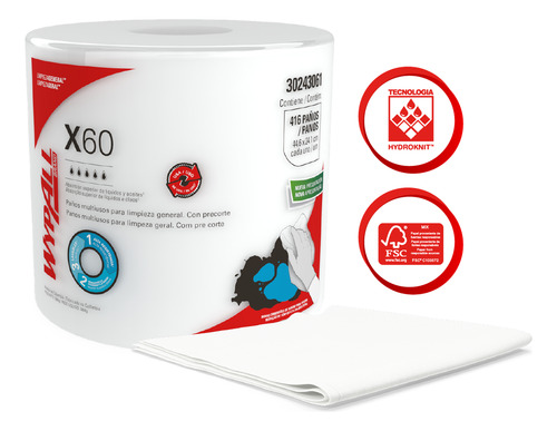 Paños De Limpieza Wypall X60 Rollo Jumbo Liso Precorte Blanco