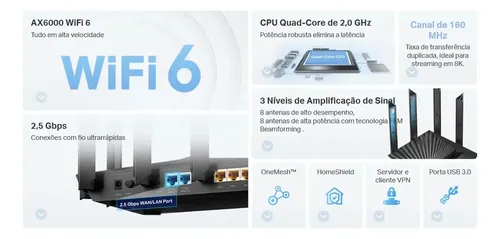 Roteador Wi-Fi 6 TP-Link Archer Ax80 Ax6000 Porta 2.5Gbps USB 3.0