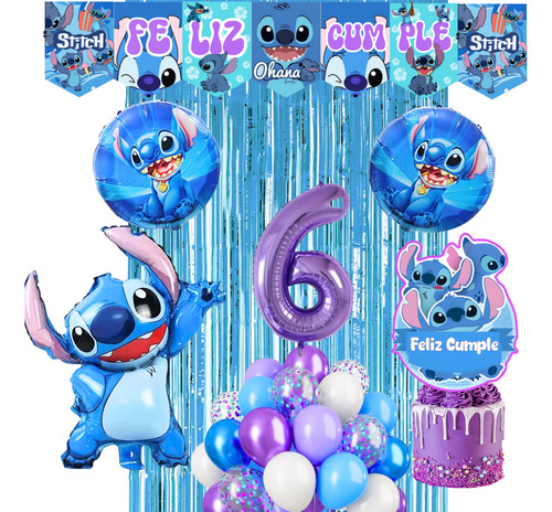 Kit Globos Stitch Decoracion Banderin Topper Numero 70cm. Lila Número 6