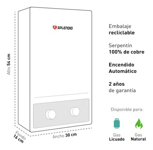 Calefont 8 Litros Tiro Natural Gas Licuado Master Splendid