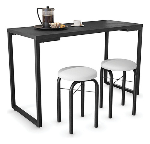 Mesa Porto Preto 120 Cm Com 02 Banquetas Manu Corino Branco