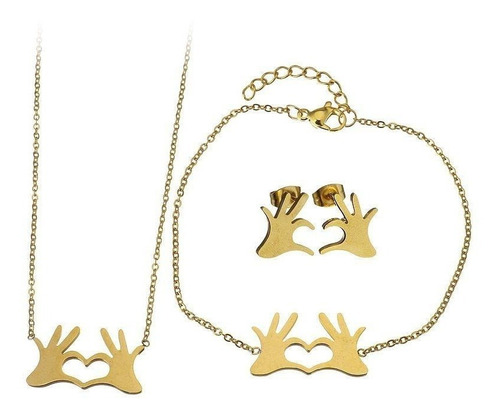 Kit Cadena Dije Aretes Pulsera Corazon Manos Dorado Ant
