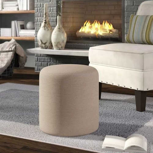 Puff Redondo Pana Boucle Lino Moderno Banqueta Premium Beige Lino